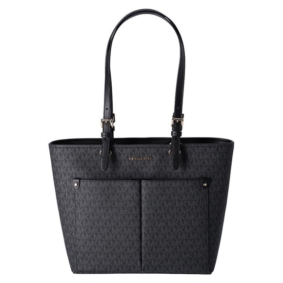 Michael Kors Jet Set Travel Medium Double Pocket Tote Vegan Leather Black MK - Picture 3 of 8